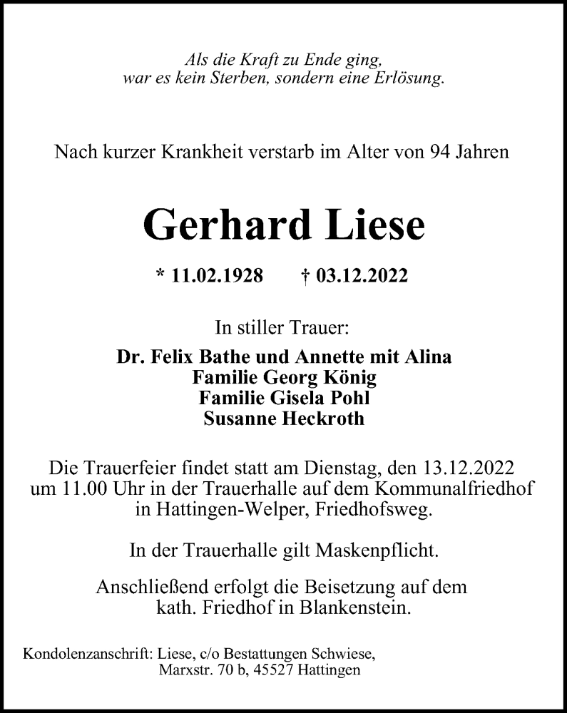  Traueranzeige für Gerhard Liese vom 07.12.2022 aus Tageszeitung