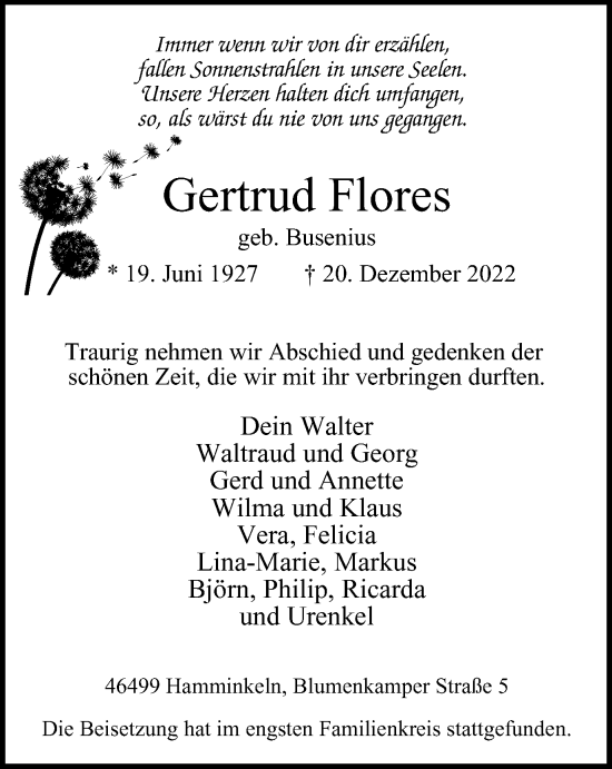 Traueranzeige von Gertrud Flores von WVW Anzeigenblätter