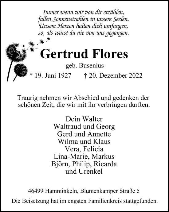 Traueranzeige von Gertrud Flores von Tageszeitung