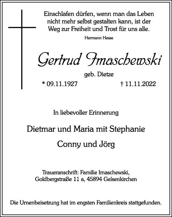 Traueranzeige von Gertrud Imaschewski von Tageszeitung