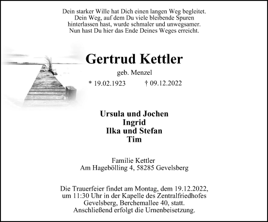Traueranzeige von Gertrud Kettler von Tageszeitung
