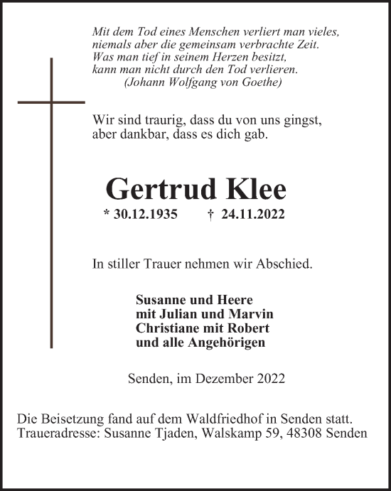 Traueranzeige von Gertrud Klee von WVW Anzeigenblätter
