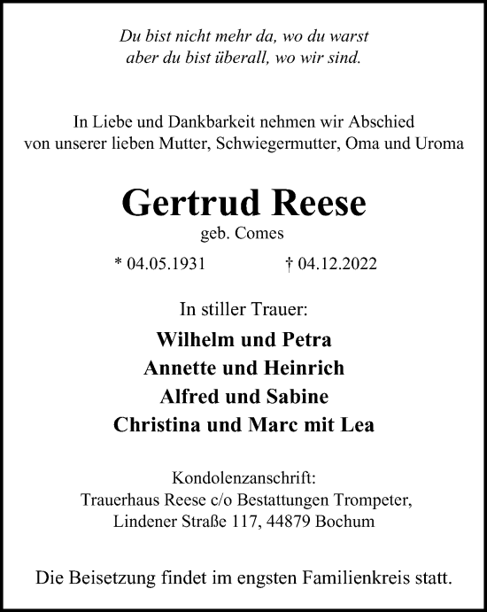 Traueranzeige von Gertrud Reese von Tageszeitung