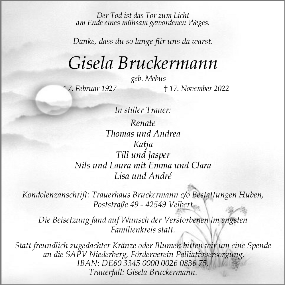  Traueranzeige für Gisela Bruckermann vom 03.12.2022 aus WVW Anzeigenblätter