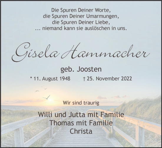 Traueranzeige von Gisela Hammacher von WVW Anzeigenblätter