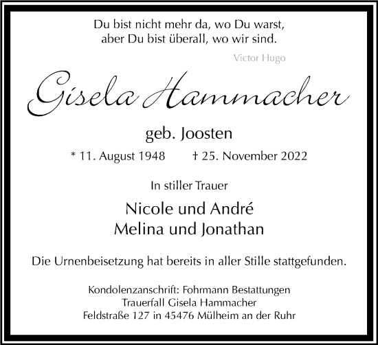Traueranzeige von Gisela Hammacher von WVW Anzeigenblätter