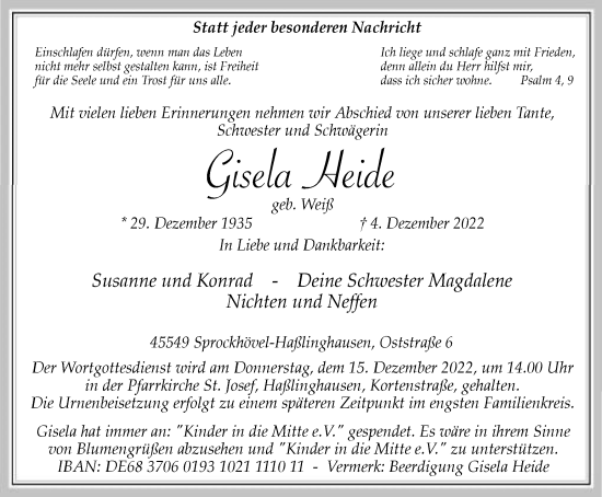 Traueranzeige von Gisela Heide von Tageszeitung