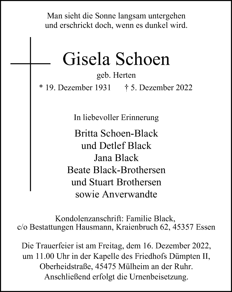  Traueranzeige für Gisela Schoen vom 10.12.2022 aus Tageszeitung