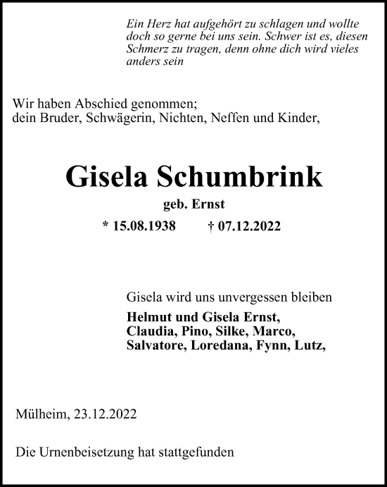 Traueranzeige von Gisela Schumbrink von WVW Anzeigenblätter
