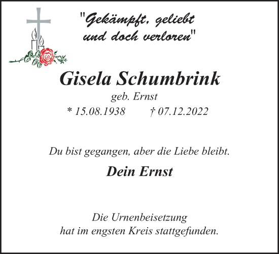 Traueranzeige von Gisela Schumbrink von WVW Anzeigenblätter