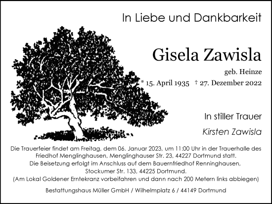Traueranzeige von Gisela Zawisla von WVW Anzeigenblätter