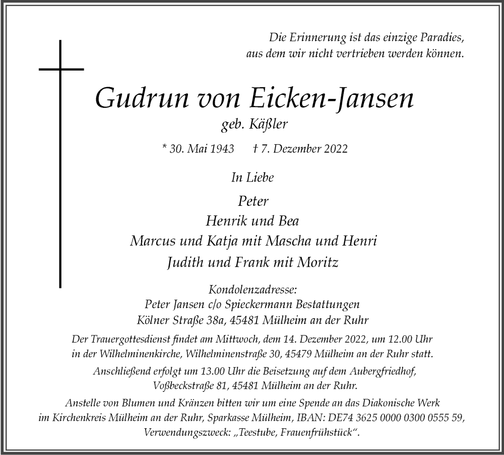  Traueranzeige für Gudrun von Eicken-Jansen vom 10.12.2022 aus WVW Anzeigenblätter