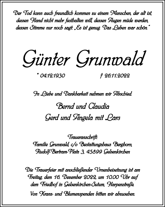 Traueranzeige von Günter Grunwald von Tageszeitung