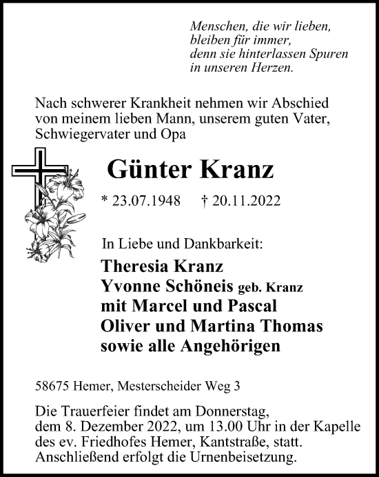 Traueranzeige von Günter Kranz von WVW Anzeigenblätter