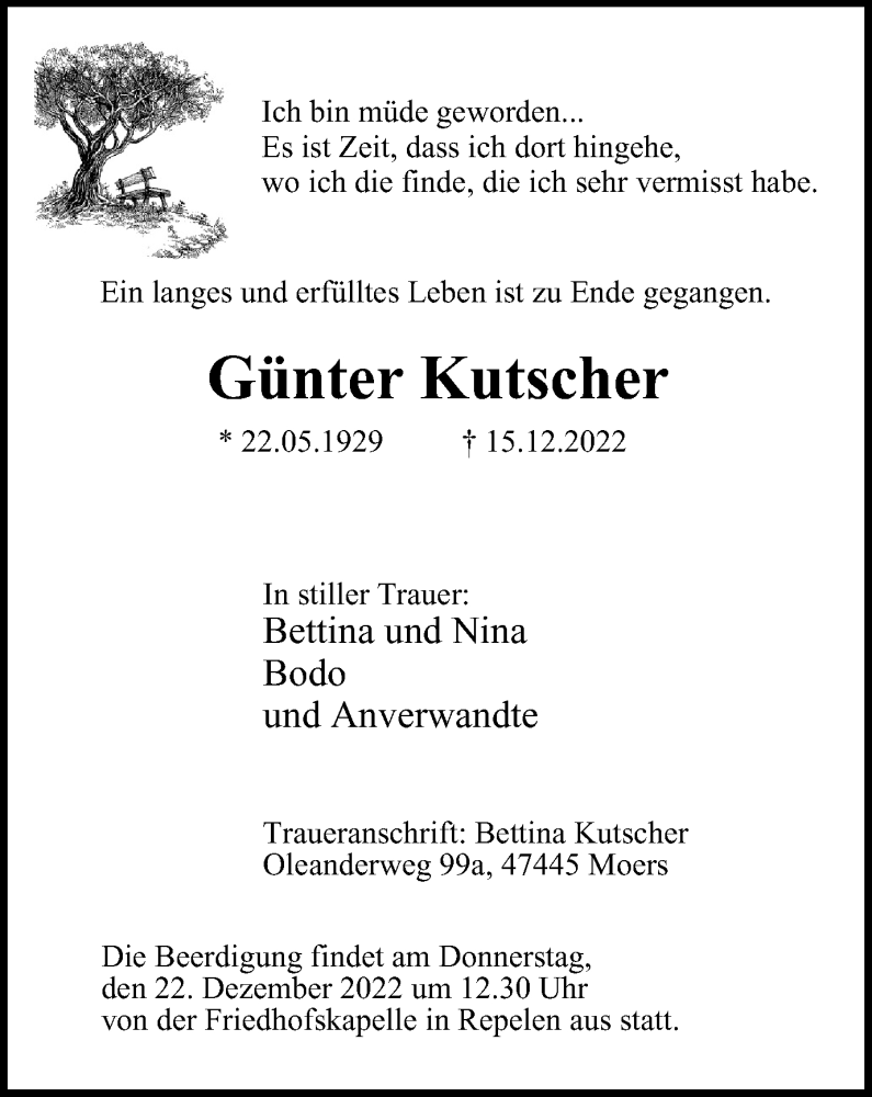  Traueranzeige für Günter Kutscher vom 20.12.2022 aus Tageszeitung