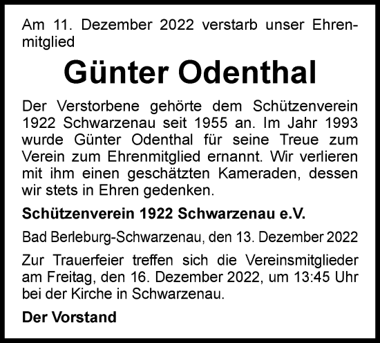 Traueranzeige von Günter Odenthal von Tageszeitung