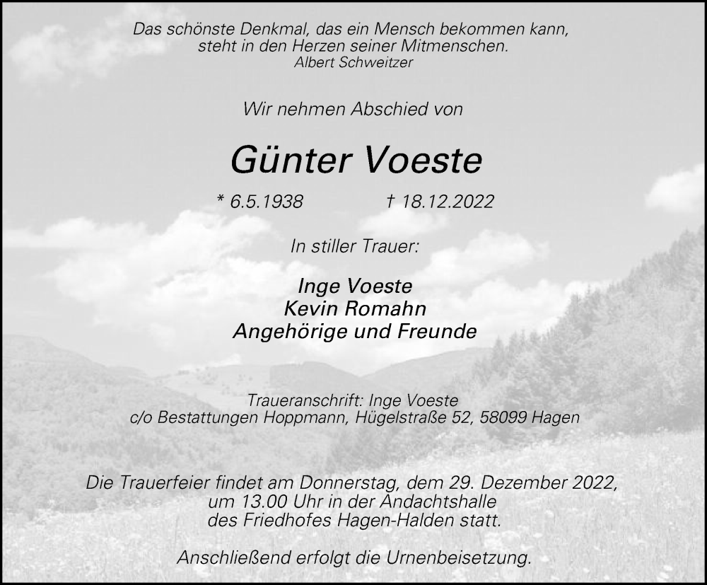  Traueranzeige für Günter Voeste vom 21.12.2022 aus Tageszeitung
