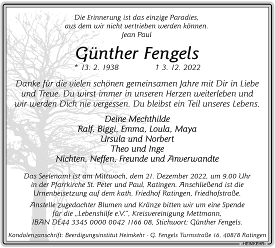 Traueranzeige von Günther Fengels von WVW Anzeigenblätter