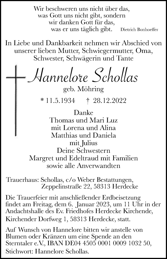  Traueranzeige für Hannelore Schollas vom 31.12.2022 aus Tageszeitung