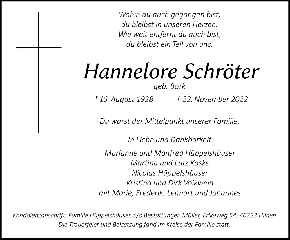 Traueranzeige für Hannelore Schröter vom 03.12.2022 aus WVW Anzeigenblätter