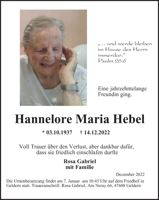 Traueranzeige von Hannelore Maria Hebel von Tageszeitung