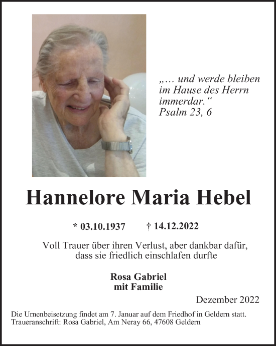 Traueranzeige von Hannelore Maria Hebel von WVW Anzeigenblätter