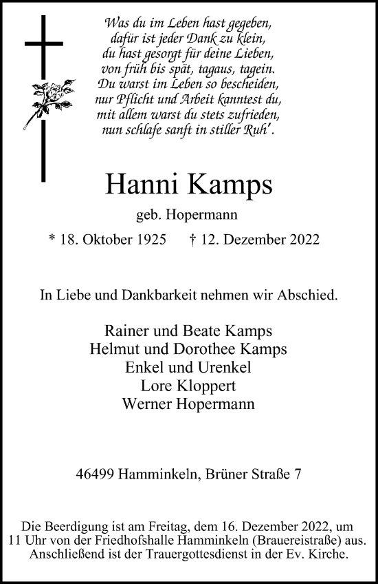 Traueranzeige von Hanni Kamps von Tageszeitung