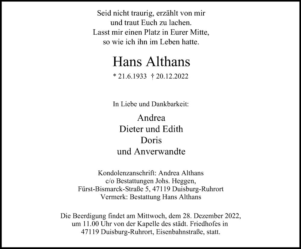  Traueranzeige für Hans Althans vom 24.12.2022 aus Tageszeitung