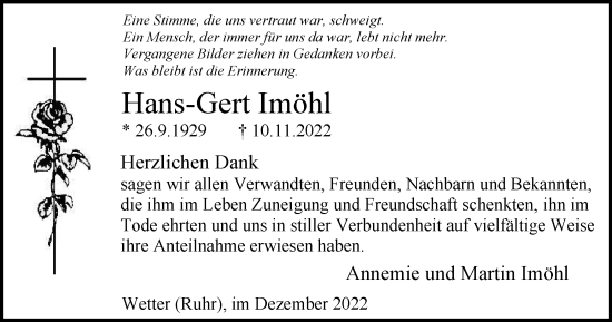 Traueranzeige von Hans-Gert Imöhl von Tageszeitung