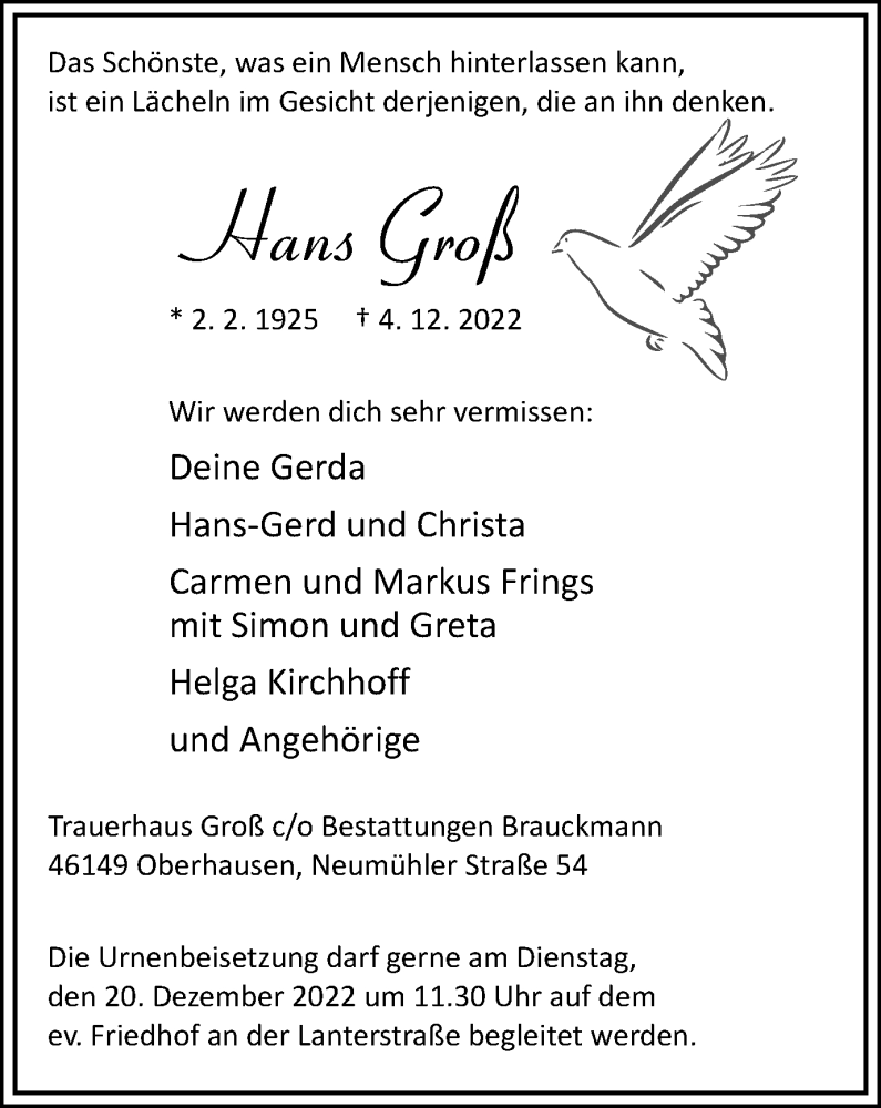  Traueranzeige für Hans Groß vom 10.12.2022 aus Tageszeitung