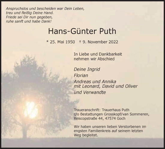 Traueranzeige von Hans-Günter Puth von Tageszeitung