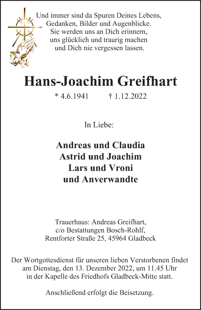  Traueranzeige für Hans-Joachim Greifhart vom 10.12.2022 aus WVW Anzeigenblätter