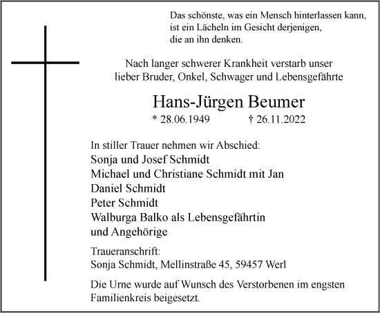 Traueranzeige von Hans-Jürgen Beumer von Tageszeitung