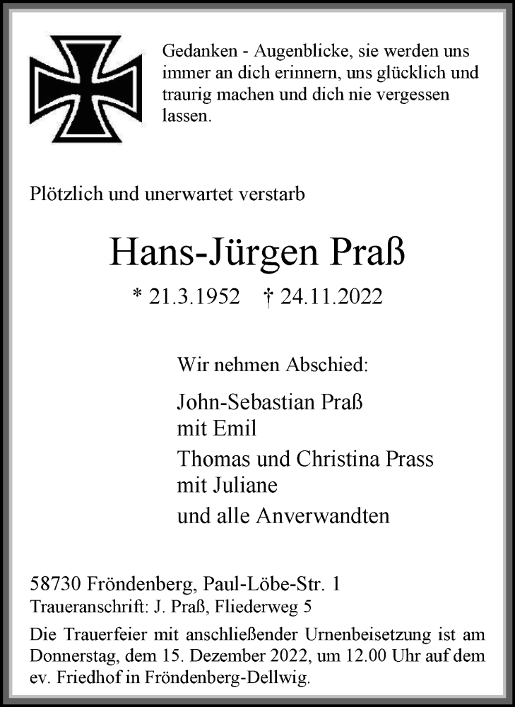  Traueranzeige für Hans-Jürgen Praß vom 10.12.2022 aus WVW Anzeigenblätter
