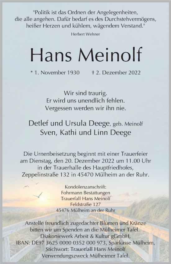 Traueranzeige von Hans Meinolf von Tageszeitung