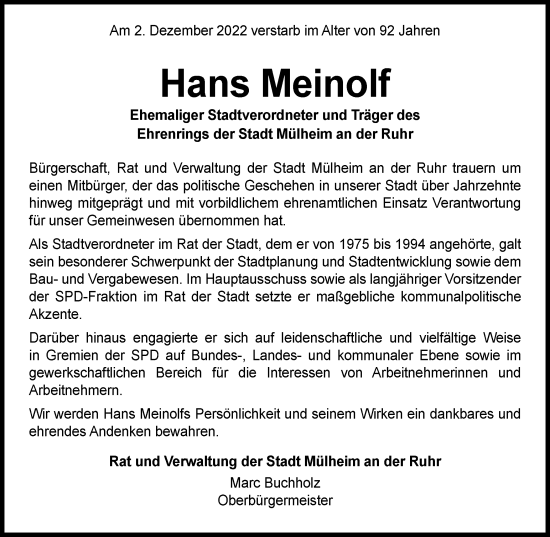 Traueranzeige von Hans Meinolf von Tageszeitung