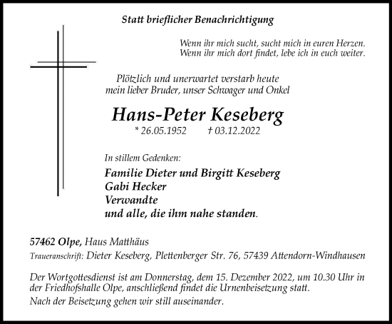 Traueranzeige von Hans-Peter Keseberg von Tageszeitung