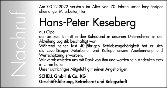 Traueranzeige von Hans-Peter Keseberg von Tageszeitung
