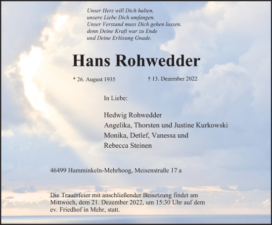 Traueranzeige von Hans Rohwedder von Tageszeitung