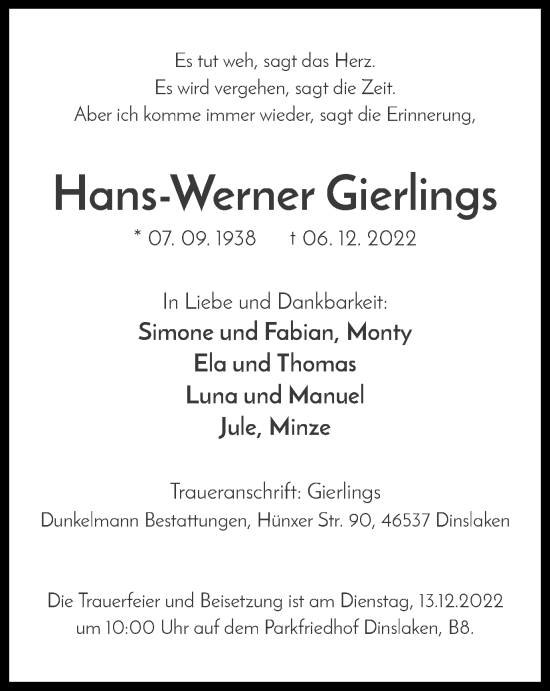 Traueranzeige von Hans-Werner Gierlings von Tageszeitung