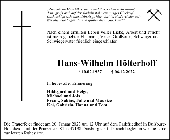 Traueranzeige von Hans-Wilhelm Hölterhoff von Tageszeitung