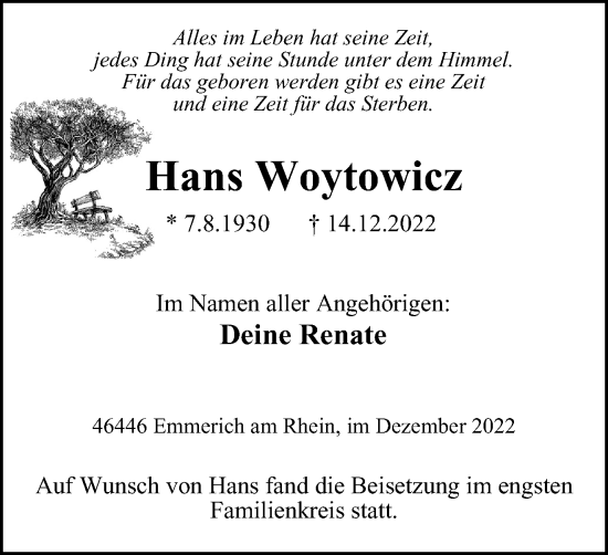 Traueranzeige von Hans Woytowicz von WVW Anzeigenblätter