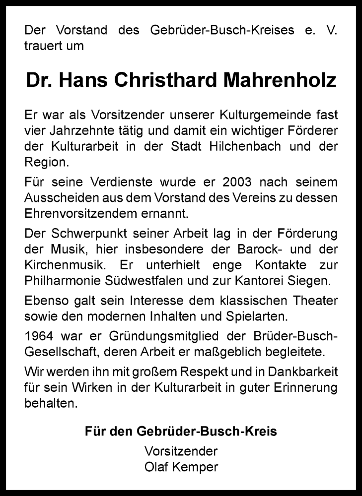  Traueranzeige für Hans Christhard Mahrenholz vom 21.12.2022 aus Tageszeitung
