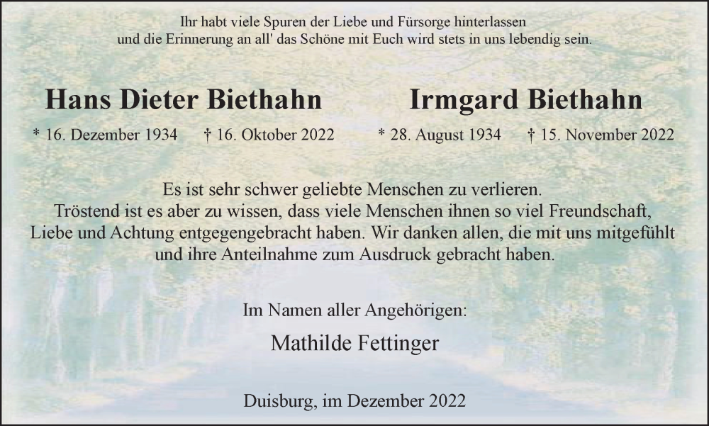  Traueranzeige für Hans Dieter und Irmgard Biethahn vom 17.12.2022 aus Tageszeitung