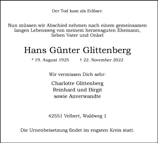 Traueranzeige von Hans Günter Glittenberg von WVW Anzeigenblätter