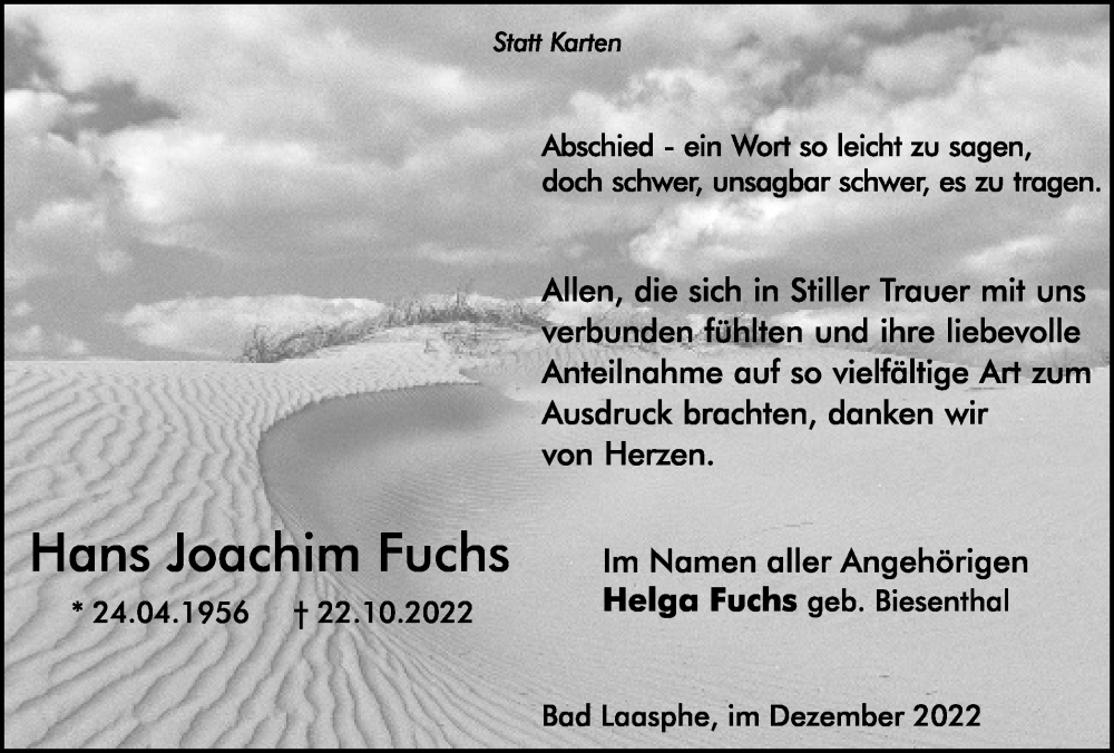  Traueranzeige für Hans Joachim Fuchs vom 07.12.2022 aus Tageszeitung