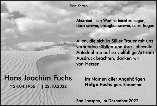 Traueranzeige von Hans Joachim Fuchs von Tageszeitung