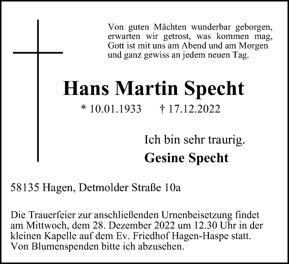  Traueranzeige für Hans Martin Specht vom 24.12.2022 aus Tageszeitung