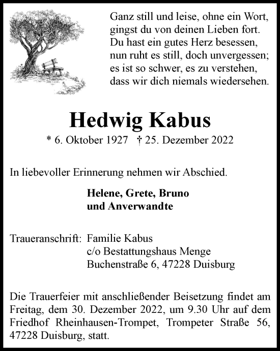 Traueranzeige von Hedwig Kabus von Tageszeitung