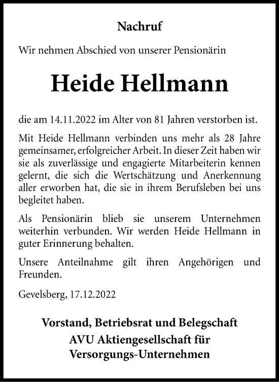 Traueranzeige von Heide Hellmann von Tageszeitung